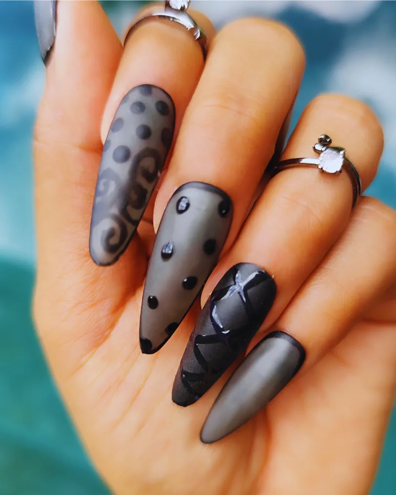 Sexy Black Modelled with Folded Palm Reusable Handmade Press on Nails